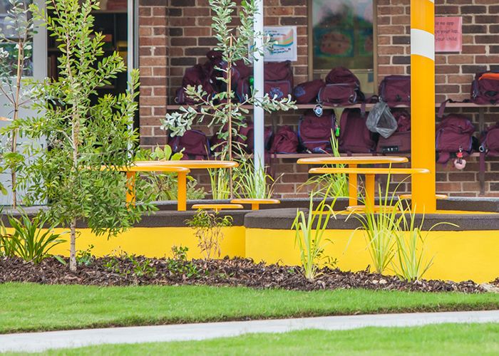 Cafe Round Tables and Stools powder coated in Safety Yellow.