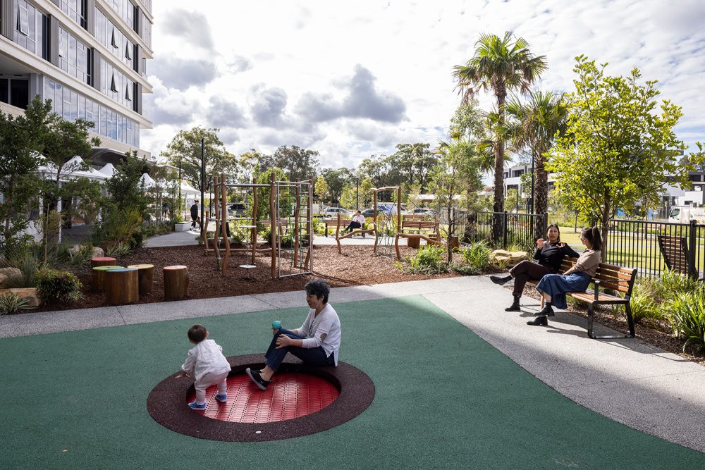 Linea Seat (1800mm) with aluminium Spotted Gum battens, Night Sky frames. Image: Architectus