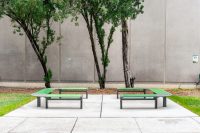 Aria Seating System (CMA4-2B-C90-3B-C90-2B) with Pedestal leg, Shamrock and Viper Green battens, Woodland Grey frames.