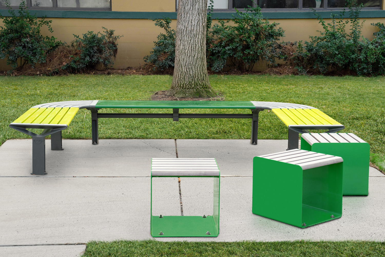Aria Seating System (CMA4 C-shape) and Linea Cube (LIC6) in Shamrock, Viper, Lycra Strip Green, Woodland Grey, Beach Oak Grey.