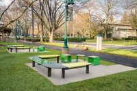 Aria Seating System (CMA4 C-shape) and Linea Cube (LIC6) in Shamrock, Viper, Lycra Strip Green, Woodland Grey, Beach Oak Grey.