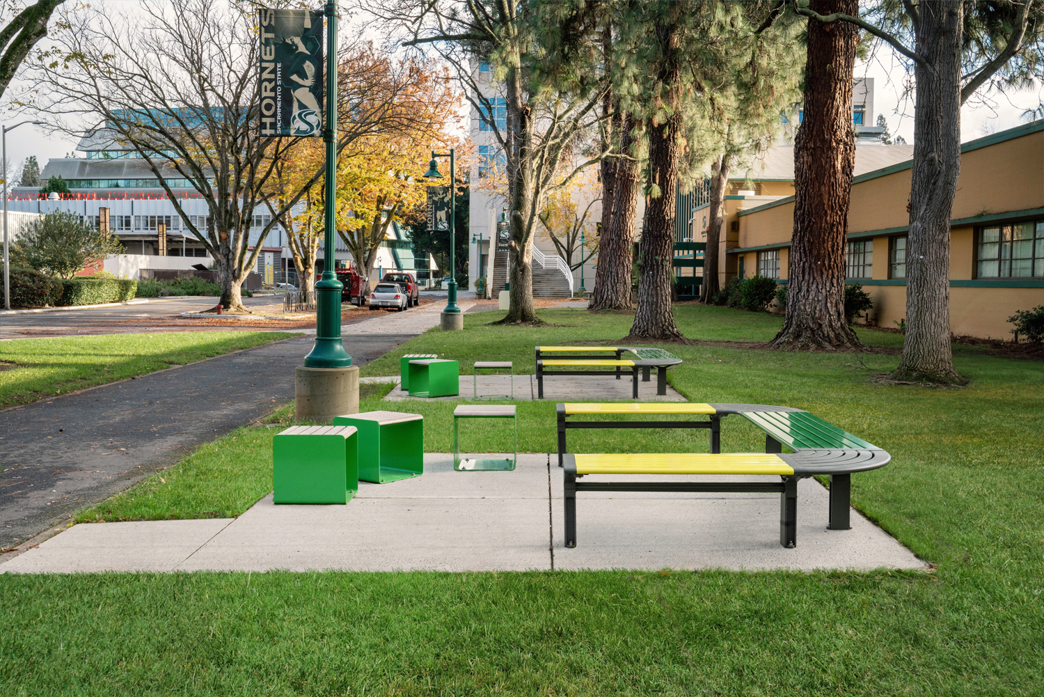 Aria Seating System (CMA4 C-shape) and Linea Cube (LIC6) in Shamrock, Viper, Lycra Strip Green, Woodland Grey, Beach Oak Grey.