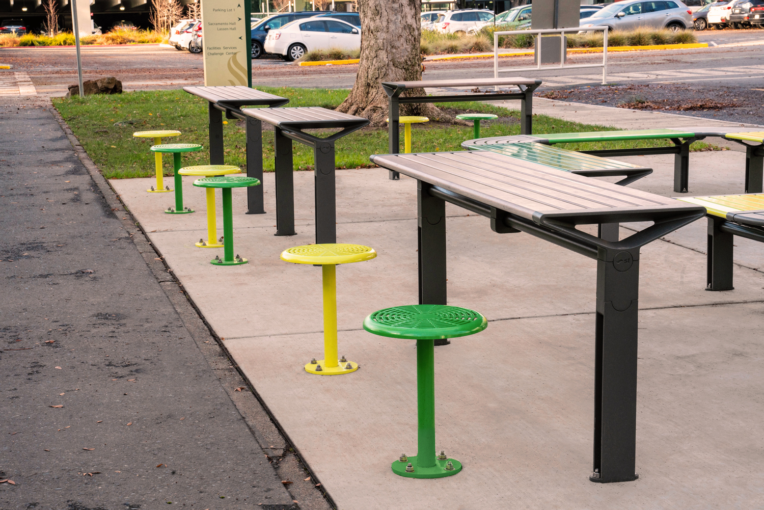 Aria Lookout Tables (CMA4-T) in Beach Oak Grey and Woodland Grey. Cafe Stools (S1) in Shamrock, Viper and Lycra Strip Green.