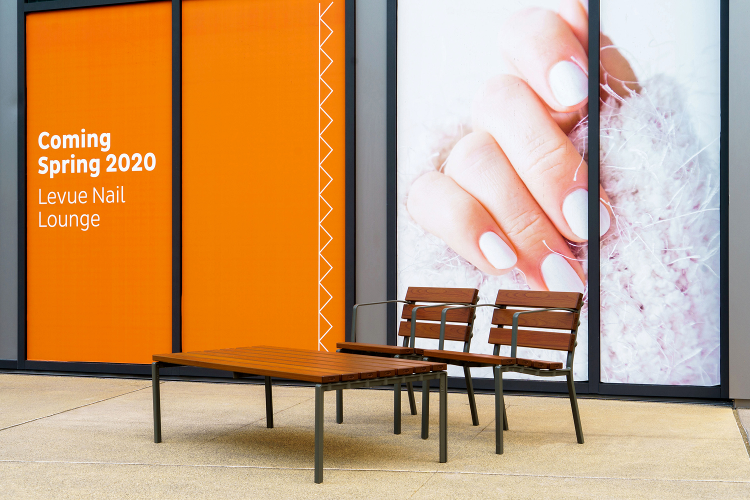 Forum Seats and Low Table in aluminium woodgrain Bush Cherry, with Woodland Grey frames.