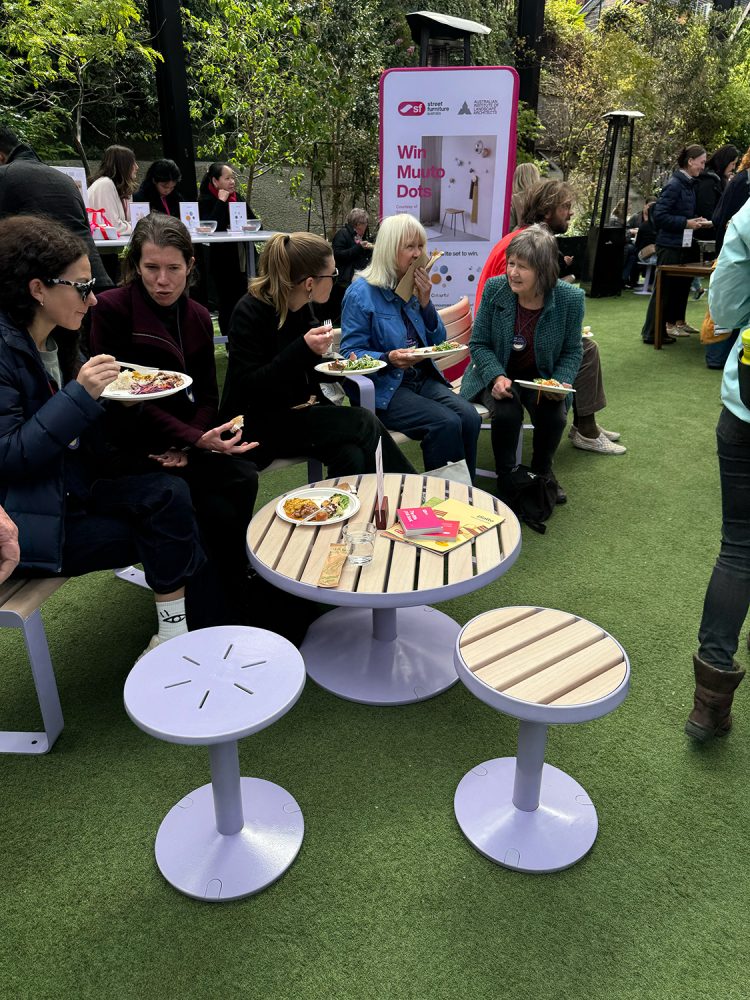 Piatto Table, coffee table height, with Piatto Stools. Mix of battened and solid tops. In Lavender Mist with aluminium Curly Birch battens.