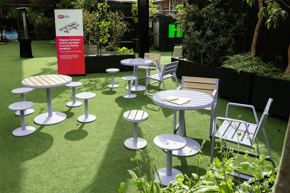 Piatto Table, Chairs and Stools in Lavender Mist with aluminium Curly Birch battens. Mix of battened and solid tops.
