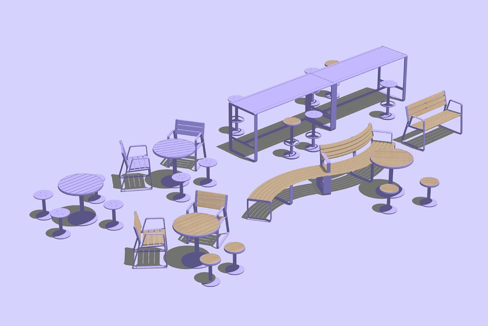 Linea and Piatto in Lavender Mist with aluminium Curly Birch battens, in the AILA Festival 2025 palette.