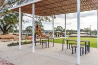 Linea Setting with Table (LIT10-DDA, 1800mm) and Benches (LIB6) with hardwood battens, Ironstone frame.