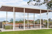 Linea Setting with Table (LIT10-DDA, 1800mm) and Benches (LIB6) with hardwood battens, Ironstone frame.