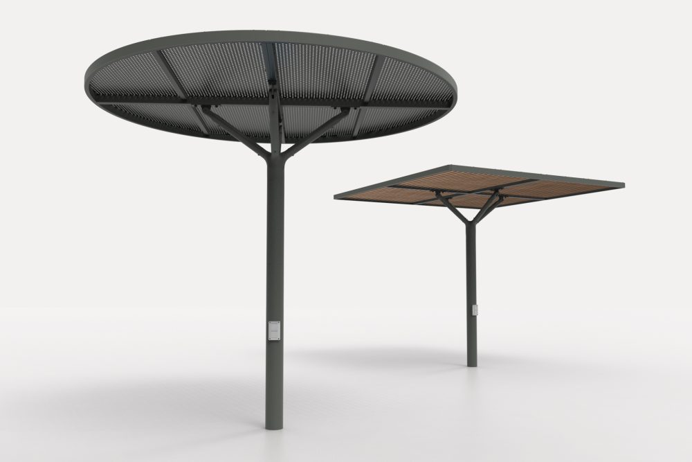 ChillOUT Tree (CT1) in Textura Woodland Grey, powered. Flat circular roof, perforated. Flat square roof, louvres.