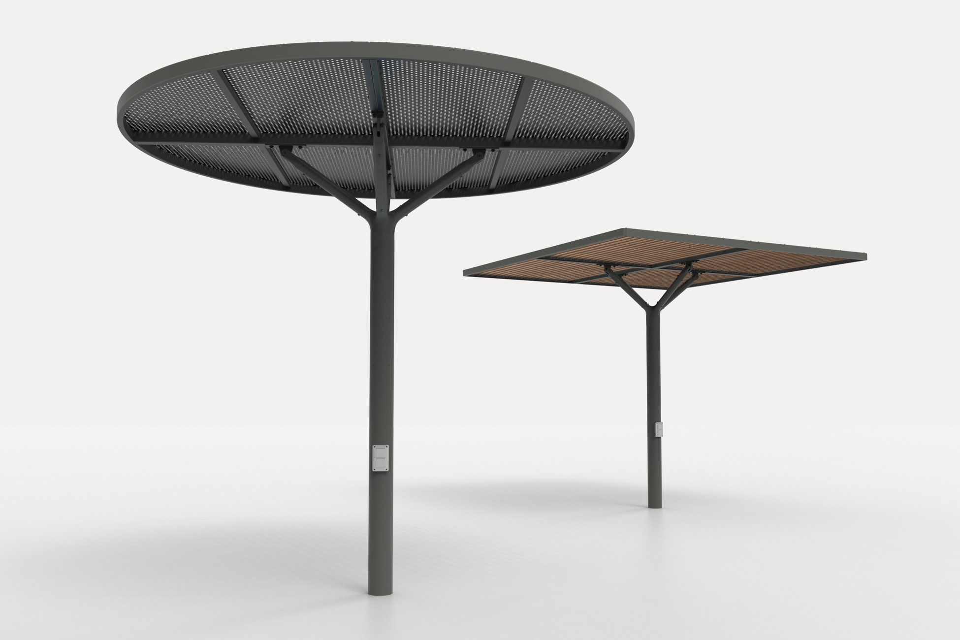 ChillOUT Tree (CT1) in Textura Woodland Grey, powered. Flat circular roof, perforated. Flat square roof, louvres.