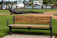 Aria Seat (CMA1) 3-seater with battens in aluminium woodgrain Spotted Gum, Textura Woodland Grey frame.