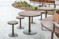 Cafe Setting (T1 and S1), battened top in Spotted Gum hardwood, Textura Dark Bronze frame.