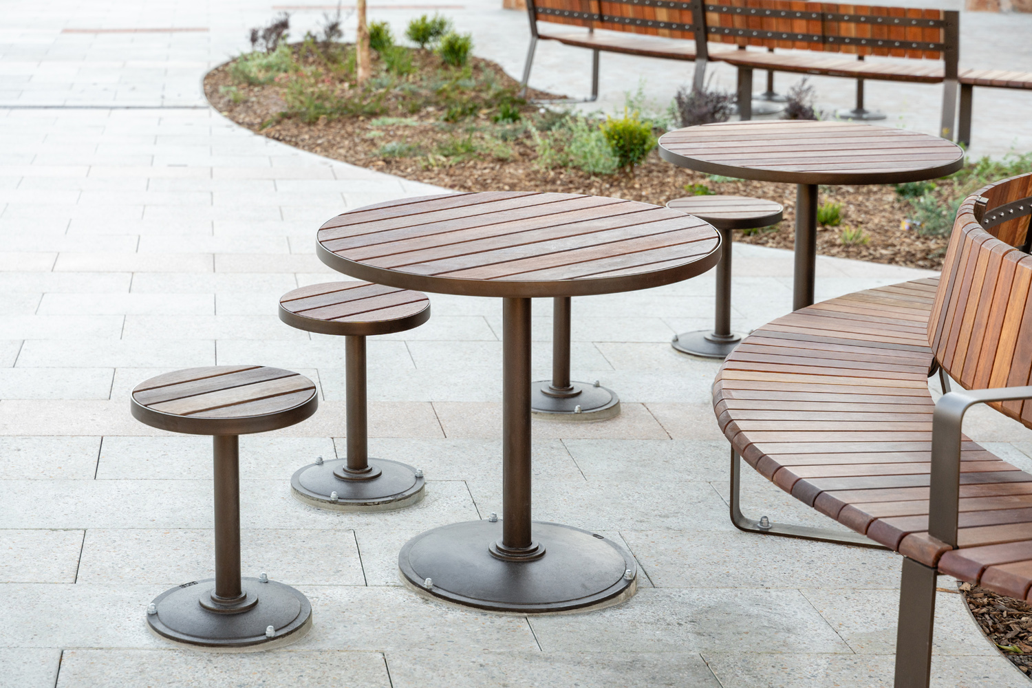 Cafe Setting (T1 and S1), battened top in Spotted Gum hardwood, Textura Dark Bronze frame.