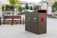 Escola eBin (EBIN-E240) in Textura Dark Bronze with Lobster Red insert.