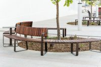 Linea VT Curved Seat (LVS10-C) and Bench (LVB6-C) with hardwood battens, Textura Dark Bronze frame.