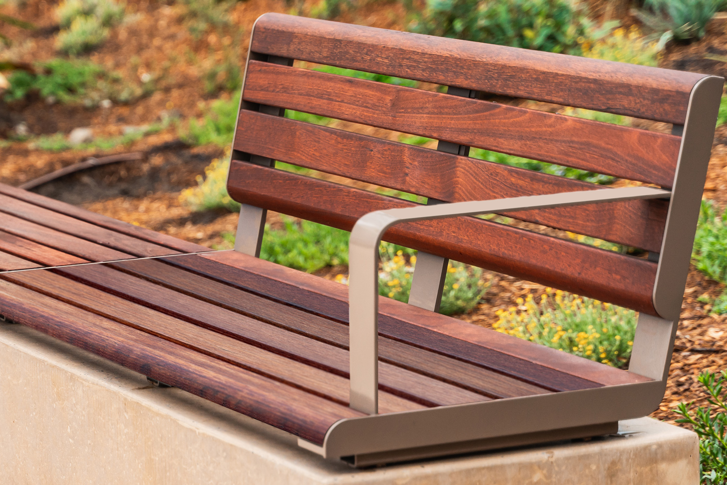 Linea Seat and Bench (1200mm, 1800mm) plinth-fixed with hardwood battens, Jasper frames.