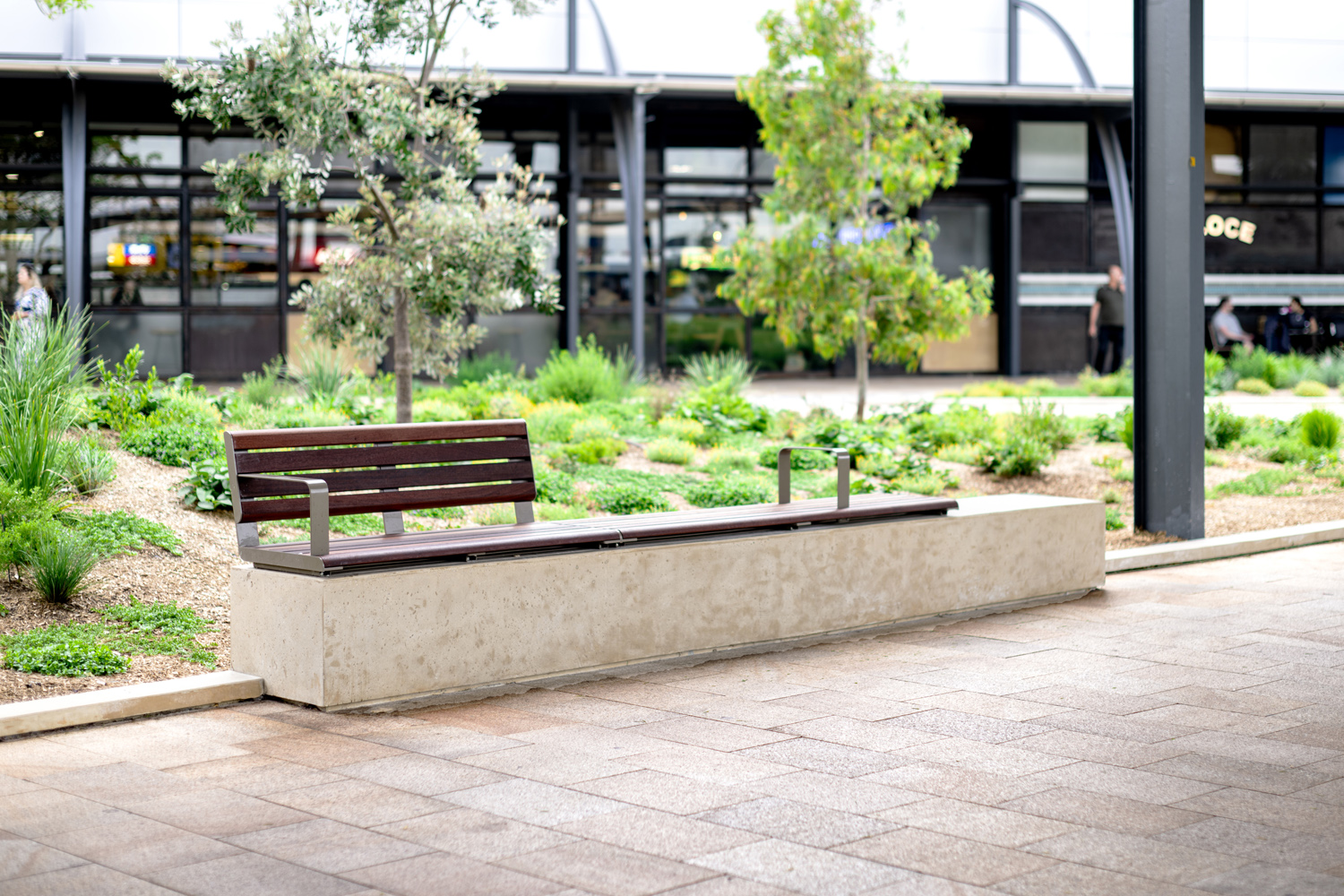 Linea Seat and Bench (1800mm) plinth-fixed with hardwood battens, Jasper frames.