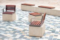 Linea Seats and Benches (600mm, 1200mm) plinth-fixed with hardwood battens, Jasper frames.
