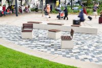 Linea Seats and Benches (600mm, 1200mm) plinth-fixed with hardwood battens, Jasper frames.