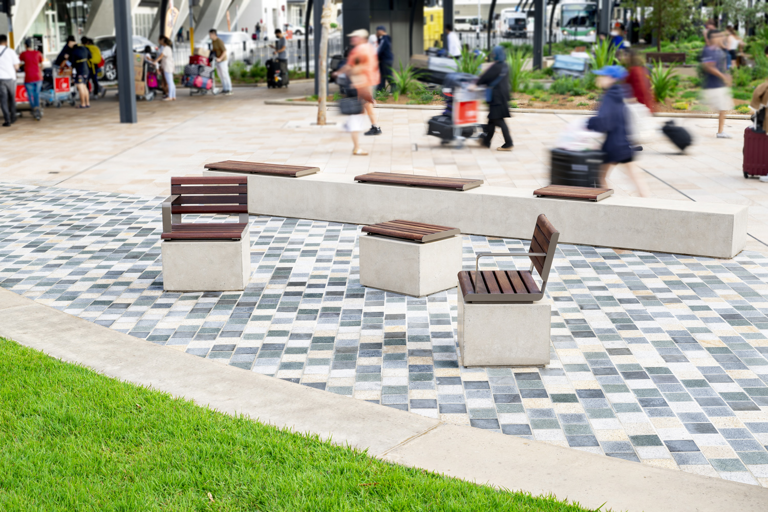 Linea Seats and Benches (600mm, 1200mm) plinth-fixed with hardwood battens, Jasper frames.