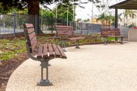 Mall DDA Seat with Jarrah battens and frame in tailored Metropolis Storm Pearl grey.