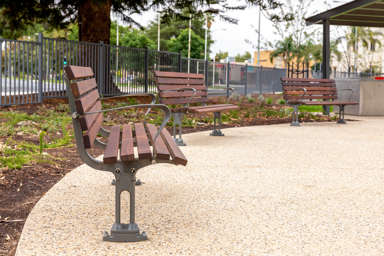 Mall DDA Seat with Jarrah battens and frame in tailored Metropolis Storm Pearl grey.