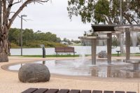 Arqua Fountain in tailored Metropolis Storm Grey. Mall DDA Seat with Jarrah battens.