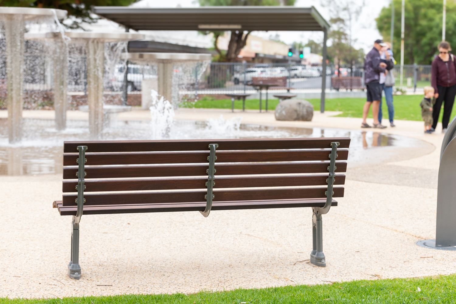 Mall DDA Seat with Jarrah battens and frame in tailored Metropolis Storm Pearl grey.