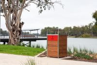 Frame Bin Enclosure with custom battened body in aluminium woodgrain in Spotted Gum.