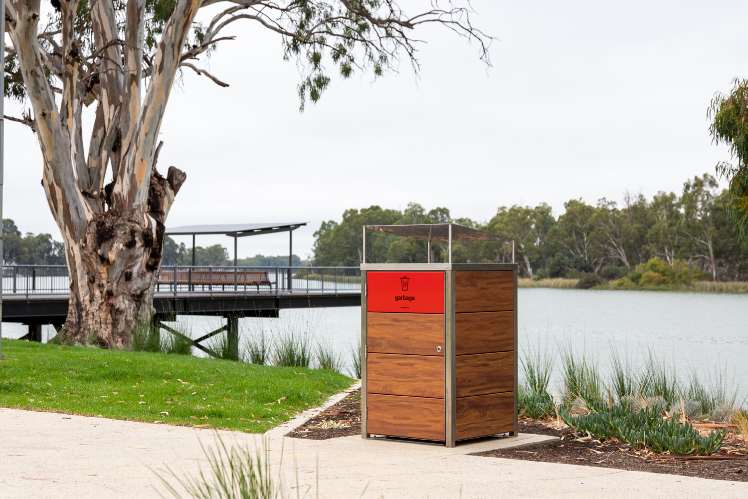Frame Bin Enclosure with custom battened body in aluminium woodgrain in Spotted Gum.