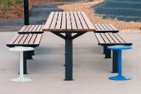 Aria Long Communal Table (CMA6-L) with aluminium Spotted Gum battens, Textura Monument frames.