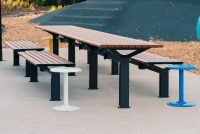 Aria Long Communal Table (CMA6-L) with aluminium Spotted Gum battens, Textura Monument frames.