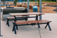 Aria picnic setting (CMA6 and CMA4) with aluminium Spotted Gum battens, Textura Monument frames.