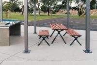 Aria picnic setting (CMA6 and CMA4) with aluminium Spotted Gum battens, Textura Monument frames.