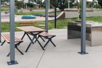 Aria picnic setting (CMA6 and CMA4) with aluminium Spotted Gum battens, Textura Monument frames.