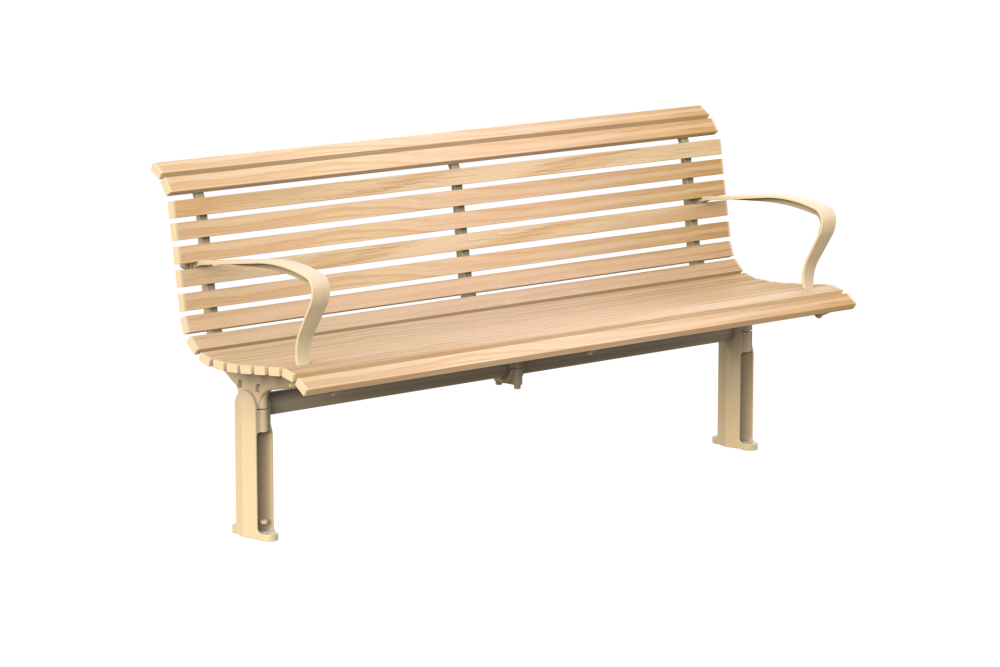Wooden slatted bench with a backrest and orange curved armrests on a white background.
