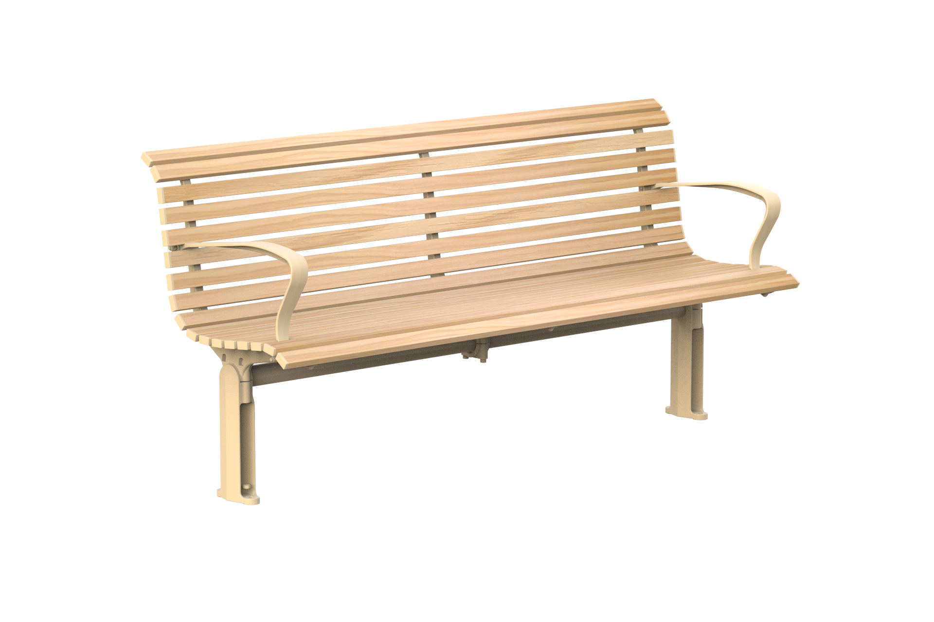 Wooden slatted bench with a backrest and orange curved armrests on a white background.
