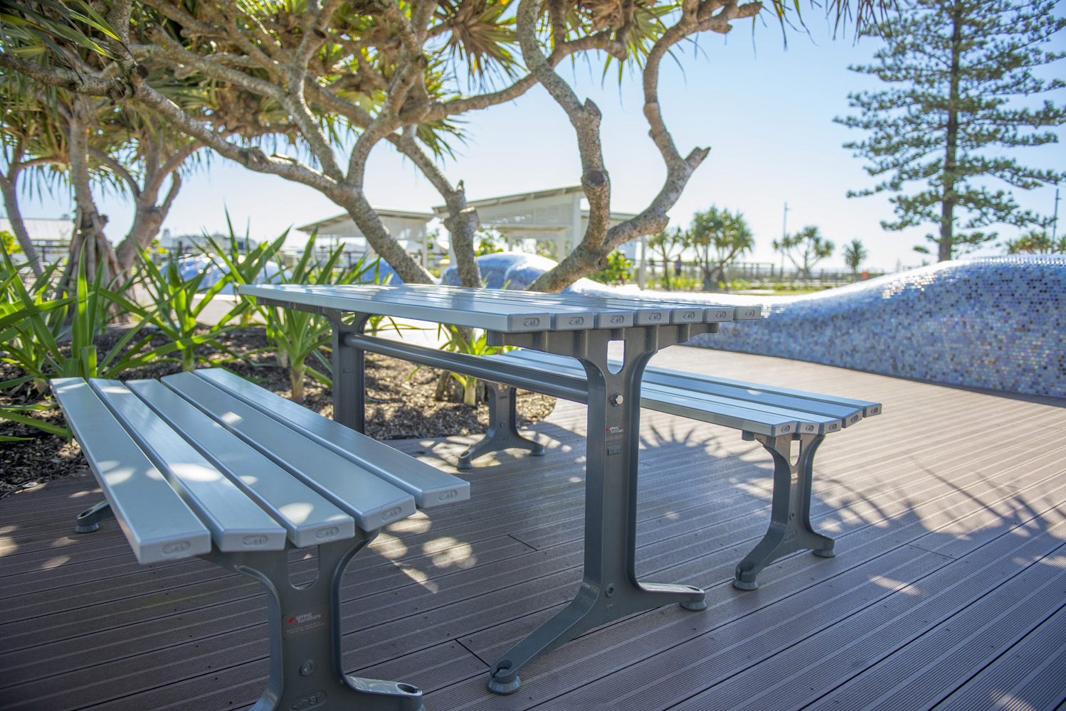Park Table with Park Seat and Bench, anodised aluminium battens and Night Sky frames.