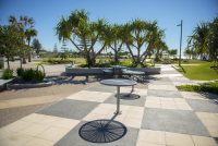 Cafe Tables powdercoated in Palladium Silver.