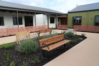 Park DDA Seats (PS7-DDA) with aluminium woodgrain Spotted Gum battens, Night Sky frames.