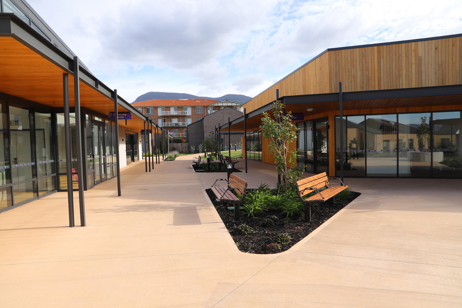 Park DDA Seats (PS7-DDA) with aluminium woodgrain Spotted Gum battens, Night Sky frames.