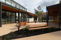 Park DDA Seats (PS7-DDA) with aluminium woodgrain Spotted Gum battens, Night Sky frames.