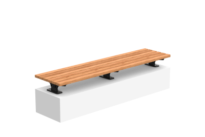 Long wooden slat bench on black metal mounts resting on a white display plinth.