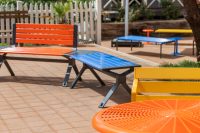 Aria Seat, Forum Seat and Cafe Round Table in Sensation Orange, Bondi Blue and Sunshine.