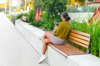 Linea Seat (LIS10, 2100mm) plinth-fixed with aluminium woodgrain Spotted Gum battens, Monument frame.