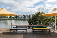 Aria Long Communal Table (CMA6-L) DDA in Doeskin, White, Deep Pool, Horizon Blue and Brilliant Yellow.