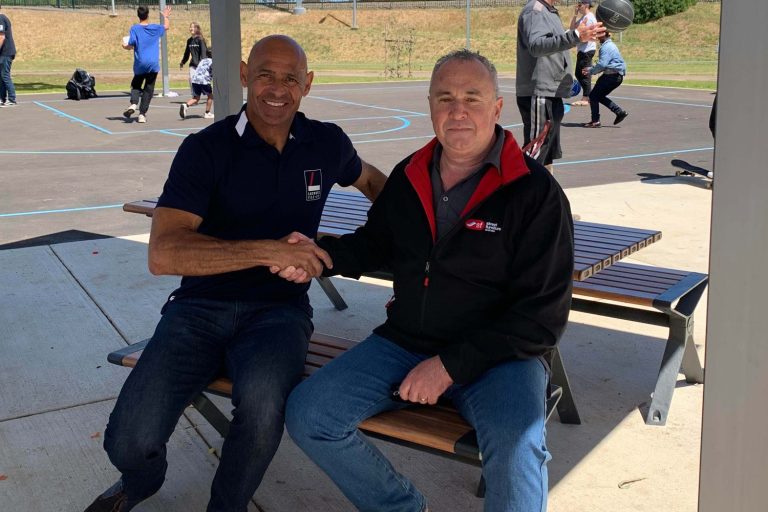 Roger Rasheed with Street Furniture Australia's Paul Johnson at the hub opening.