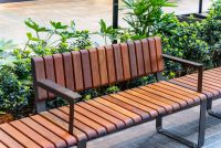 Tailored Linea VT seat with Spotted Gum hardwood battens, Textura Dark Bronze frame.