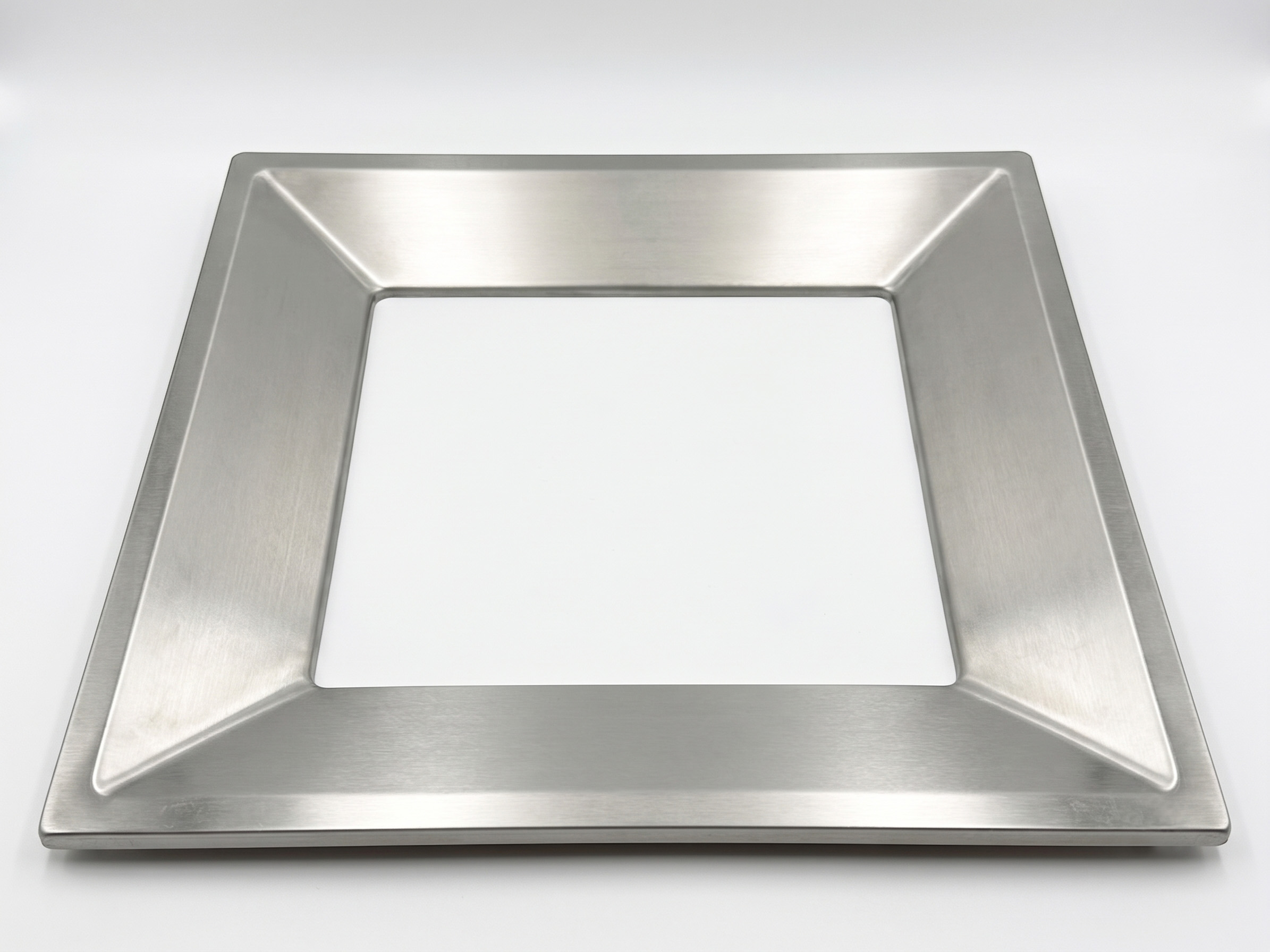 Brushed stainless steel square frame with an inner rectangular opening against a white background.
